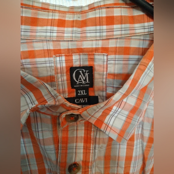 Cavi Men's 2X Large Plaid Button Down Short Sleeve Shirt Orange White Charcoal - Picture 2 of 9